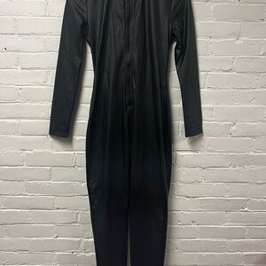 Shein Black Faux Leather Zip-Up Catsuit - Size M